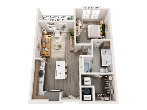 A floor plan of a small apartment with a kitchen, living room, and bathroom.